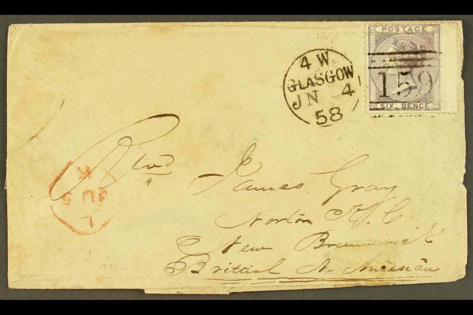 5672 1858 (4 Jun) Env From Scotland To New Brunswick Bearing GB 6d 'no Corner Letters' Stamp Tied Glasgow Pmk & London T - Other & Unclassified