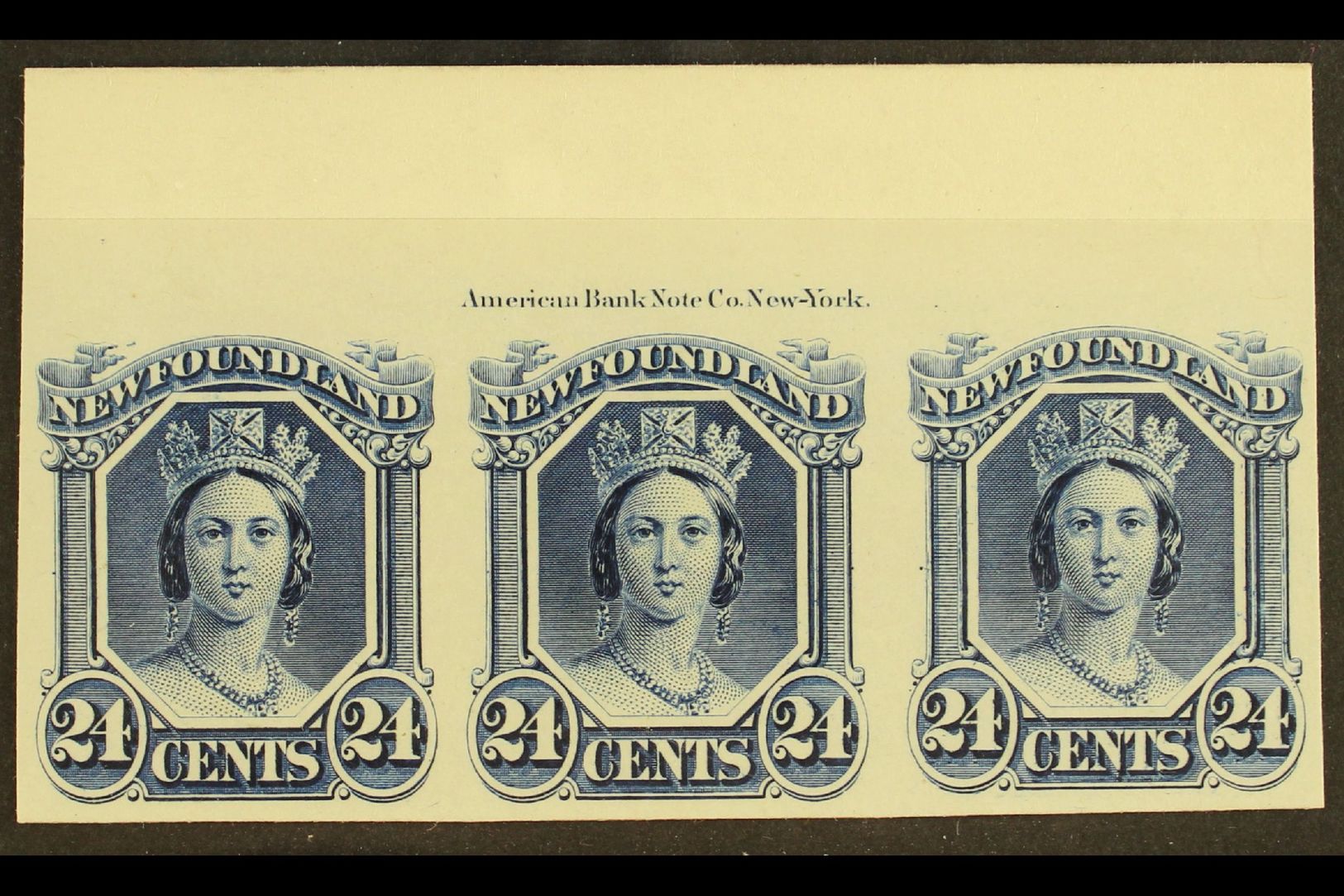 5686 1865 24c Blue Plate Proof On Card, Imprint Strip Of 3, Uni 31Pi, Very Fine And Fresh. For More Images, Please Visit - Other & Unclassified