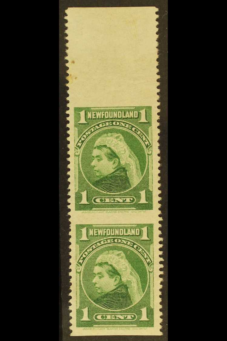 5697 1898 1c Green Queen Victoria, Upper Marginal Vertical Pair, IMPERF HORIZONTALLY, SG 85b, Fine Mint, With Royal Cert - Other & Unclassified