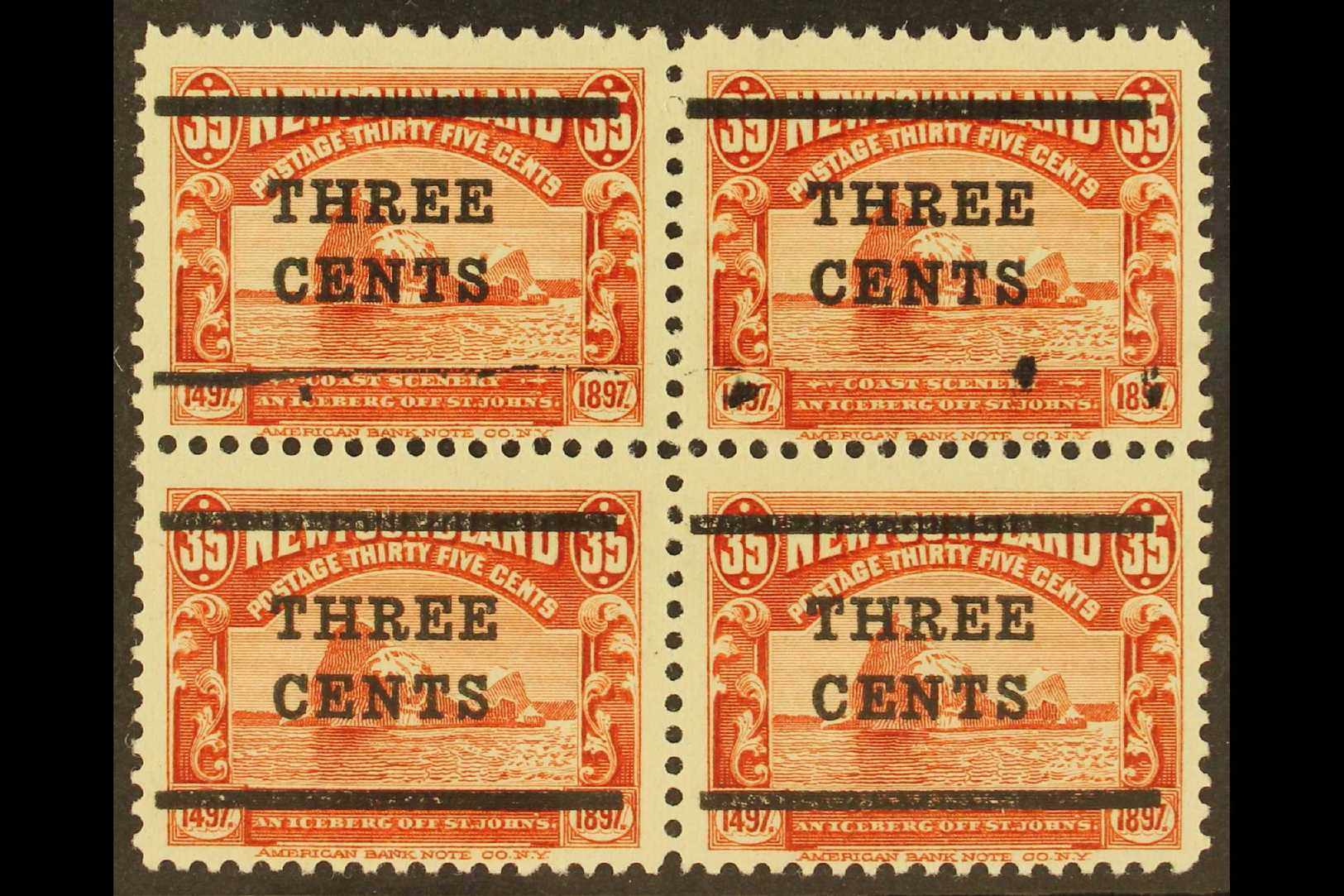 5704 1920 (Sept) 3c On 35c Red, SG 147, Block Of Four With The Upper Pair Showing Most Of One Bar And Part Of One Bar Mi - Other & Unclassified