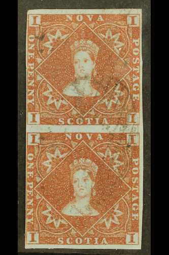 5715 1851-60 1d Red- Brown Imperf, SG 1, Used VERTICAL PAIR With 4 Small / Close Margins Leaving The Design Clear, The U - Other & Unclassified