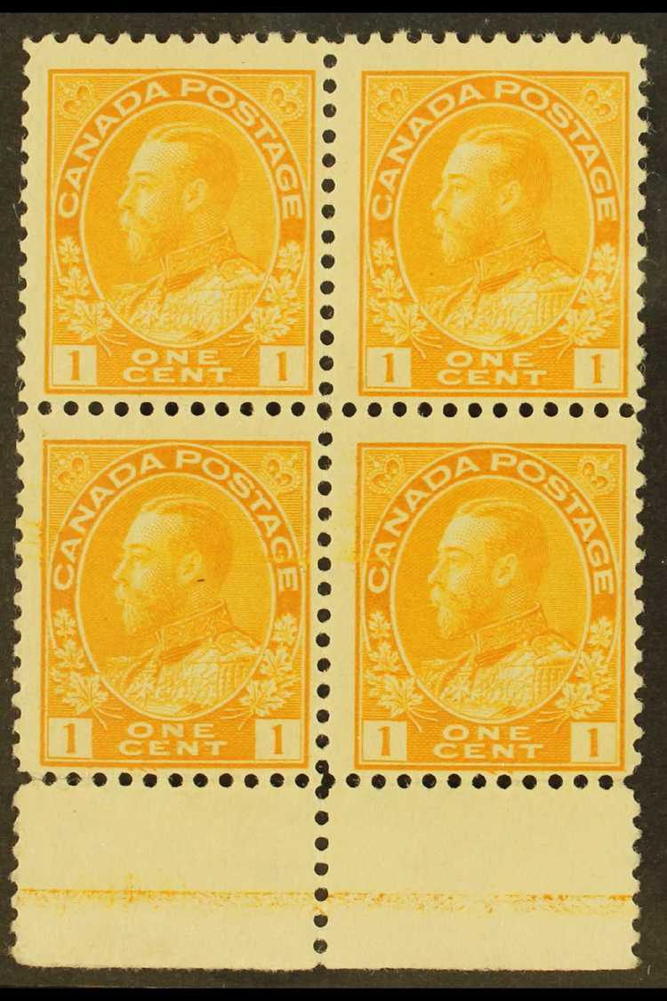 5745 1911-25 1c Yellow Admiral (Unitrade 105) With Type C LATHEWORK In The Lower Sheet Margin Of A Block Of Four, Fine M - Other & Unclassified