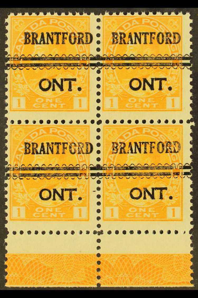 5746 1911-25 1c Yellow Admiral (Unitrade 105) With Type D LATHEWORK In The Lower Sheet Margin Of A Block Of Four With "B - Other & Unclassified