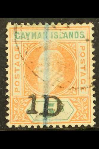 5778 1907 1d On 5s Salmon & Green Surcharge, SG 19, Cds Used, Vertical Blue Crayon Line, Full Perfs, Cat £400. For More - Cayman Islands