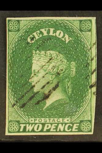 5793 1857-59 2d Green Imperf, SG 3, Superb Used, Lightly Cancelled With 4 Margins & Fabulous Fresh Colour. Pretty. For M - Ceylon (...-1947)