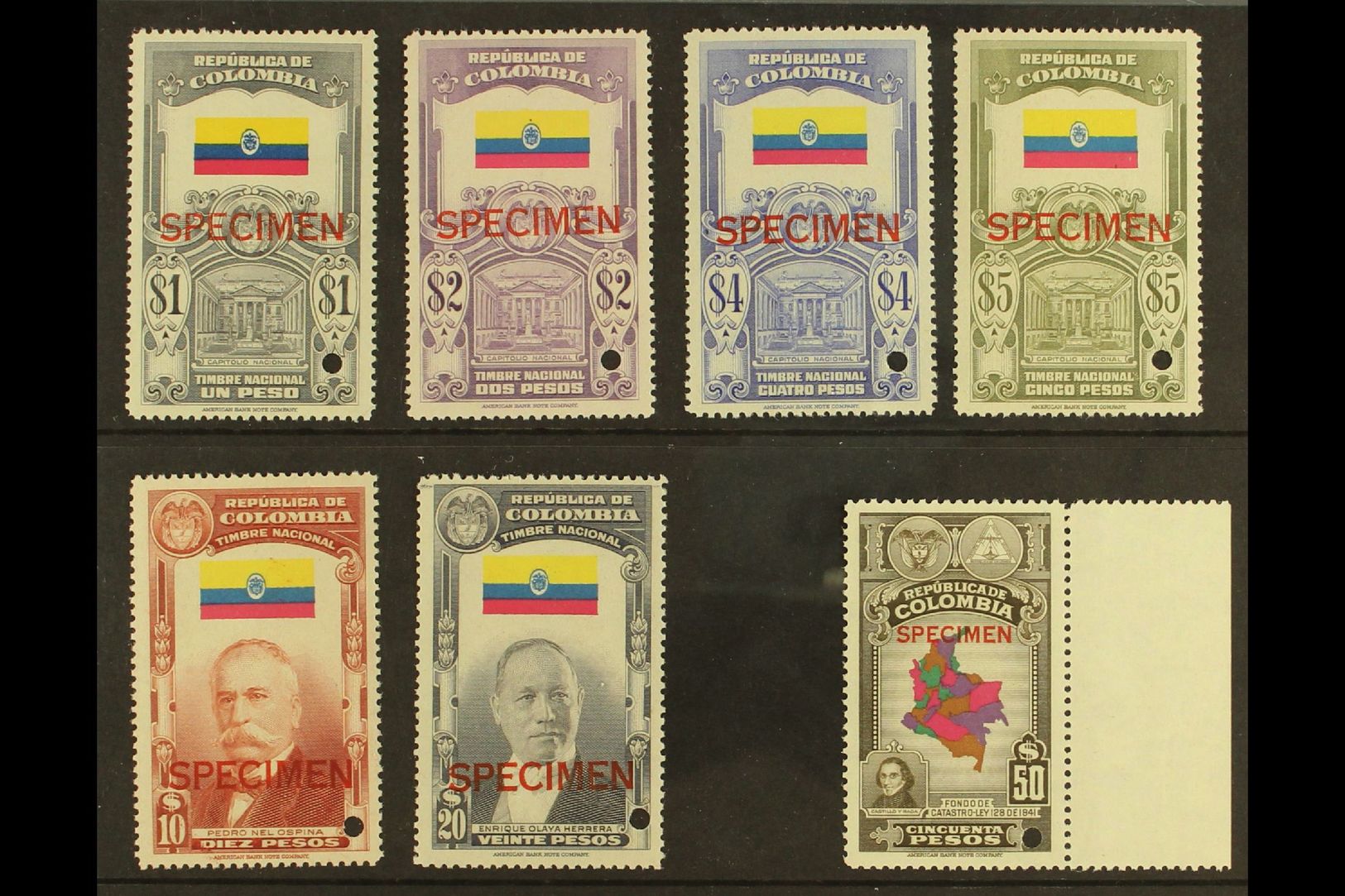 5866 REVENUES 1944 'Timbre Nacional' Complete Set, Plus 1941 50p Relief Fund, All Fine Never Hinged Mint With "SPECIMEN" - Colombia