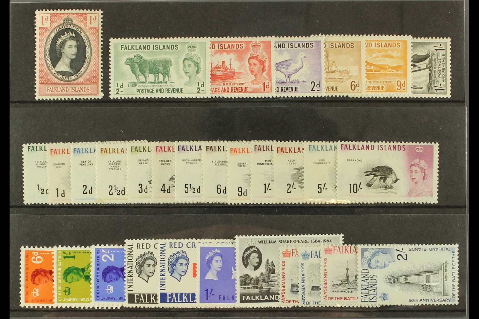 6030 1953-66 VERY FINE MINT COLLECTION On A Stockcard. Inc 1953 Coronation, 1955-57 Defin Set, 1960-66 Bird Defins - Mos - Islas Malvinas