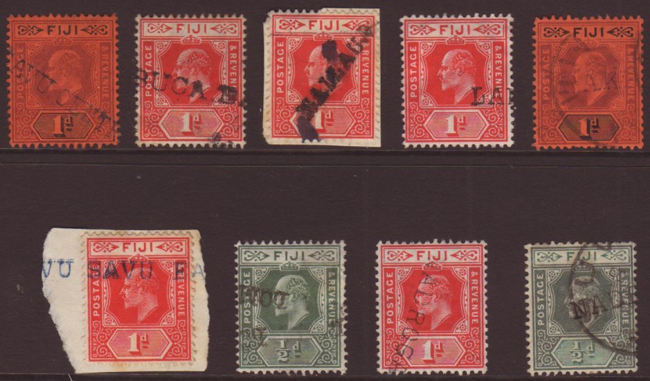 6054 STRAIGHT LINE VILLAGE CANCELS A Fine Group Of Various KEVII ½d And 1d Values Showing A Range Of Part Straight Line - Fiji (...-1970)