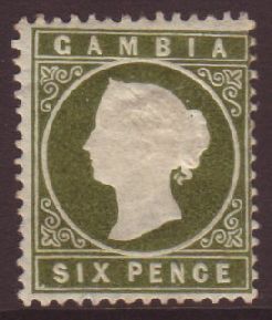 6269 1886-93 6d Yellowish Olive-green, "Sloping Label" Variety, SG 32a, Fine Mint. For More Images, Please Visit Http:// - Gambia (...-1964)