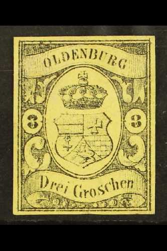 6290 OLDENBURG 1859 3 Gr Black On Yellow, Mi 8, Very Fine And Fresh Mint No Gum. Lovely Stamp With Clear Even Margins Al - Other & Unclassified