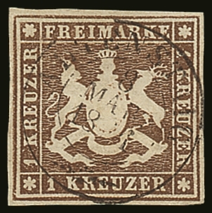 6292 WURTTEMBERG 1859 1kr Deep Brown Imperf, Without Thread, Mi 11b, Superb Cds Used With Full Central Cancel. Cat &euro - Other & Unclassified