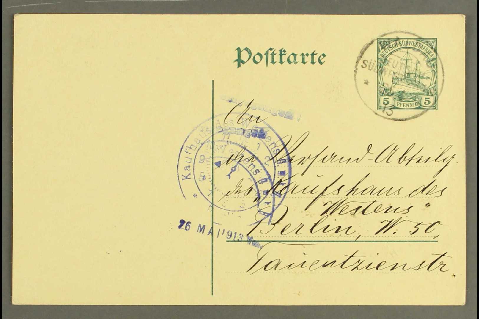 6355 SOUTH WEST AFRICA 1913 (25 Apr) 5pf Postal Stationery Card To Germany With Fine "WALDAU" Cds Cancel, Berlin "clock - Other & Unclassified