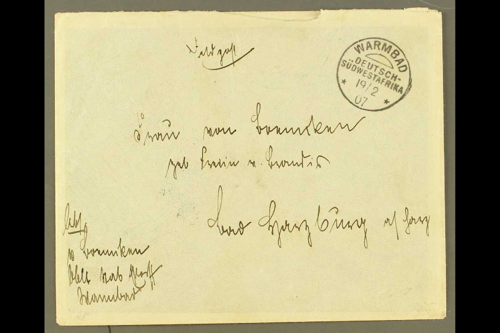 6365 SOUTH WEST AFRICA 1907 (19 Feb) Stampless Feldpost Cover Addressed To Germany, Bearing "Warmbad" Cds, Plus Arrival - Other & Unclassified