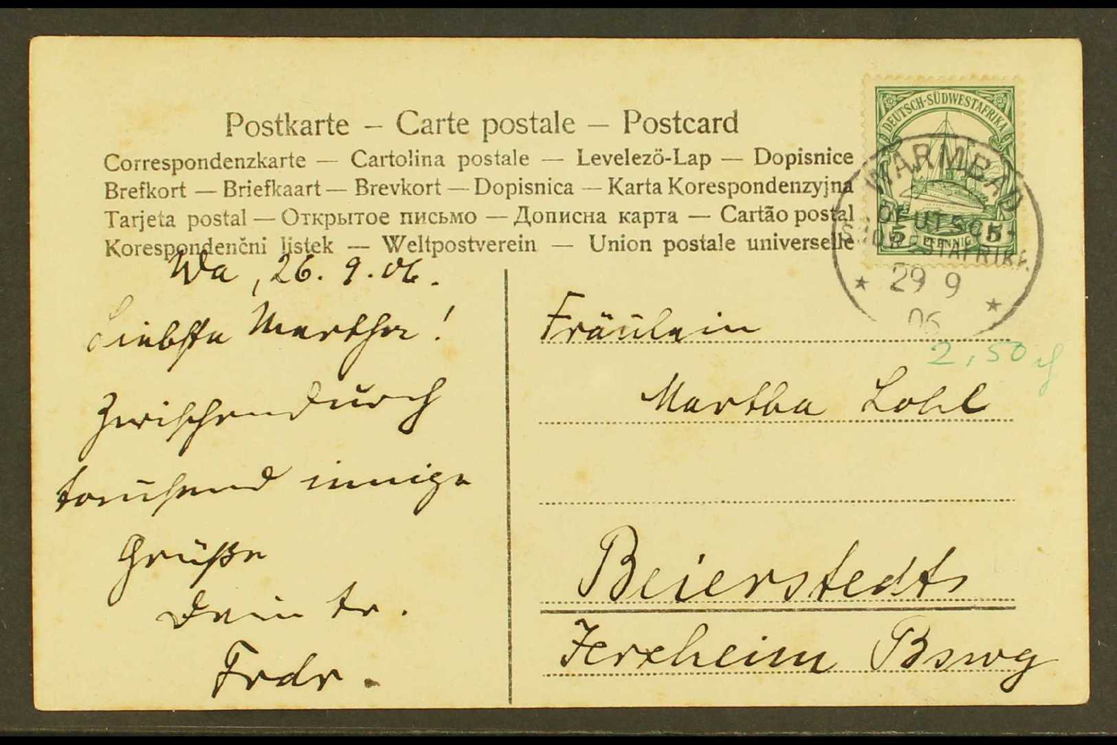6366 SOUTH WEST AFRICA 1906 (29 Sept) Picture Postcard Addressed To Germany, Bearing 1901 5pf Stamp Tied By "Warmbad" Cd - Other & Unclassified