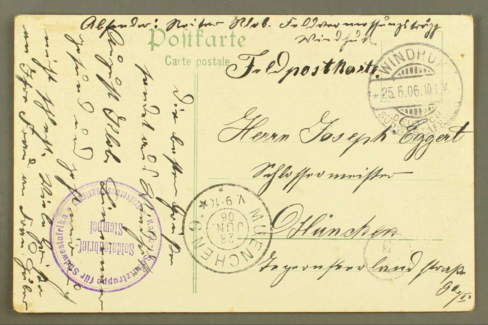 6367 SOUTH WEST AFRICA 1906 (25 May) Stampless Feldpost Picture Postcard Addressed To Germany, Bearing "Windhuk" Cds, Pl - Other & Unclassified