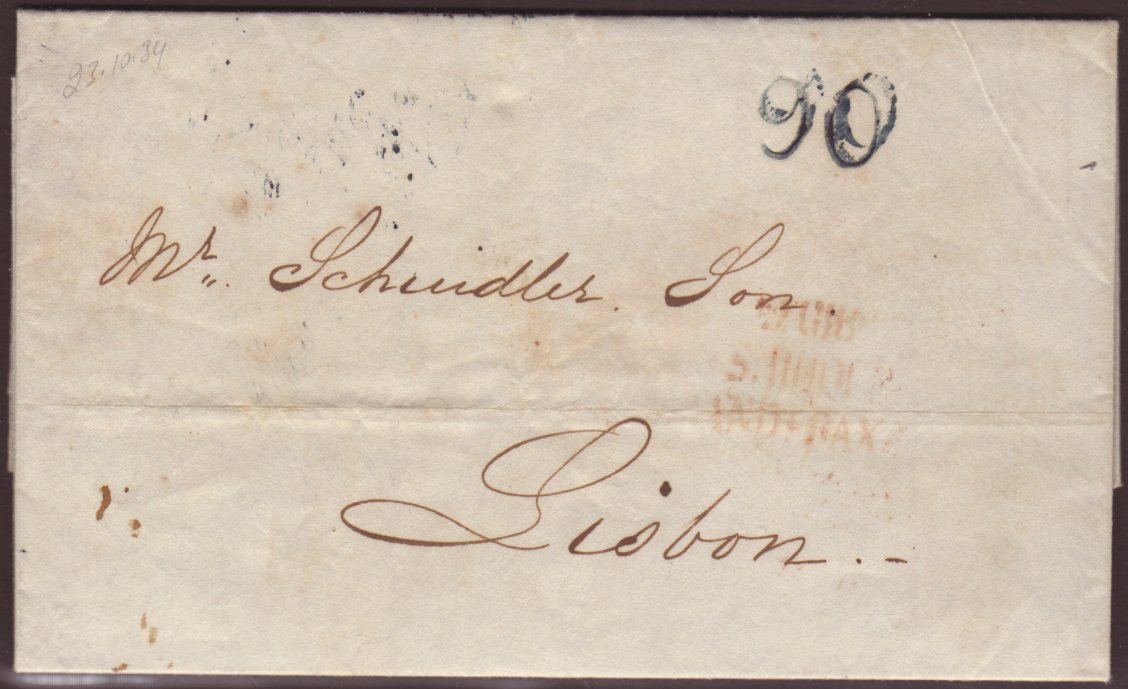 6386 1834 (Oct) Entire Letter From Gibraltar To Lisbon, Showing Three Line "DE GIBR./S. ROQUE/ANDA. BAXA" In Red, And "9 - Gibraltar