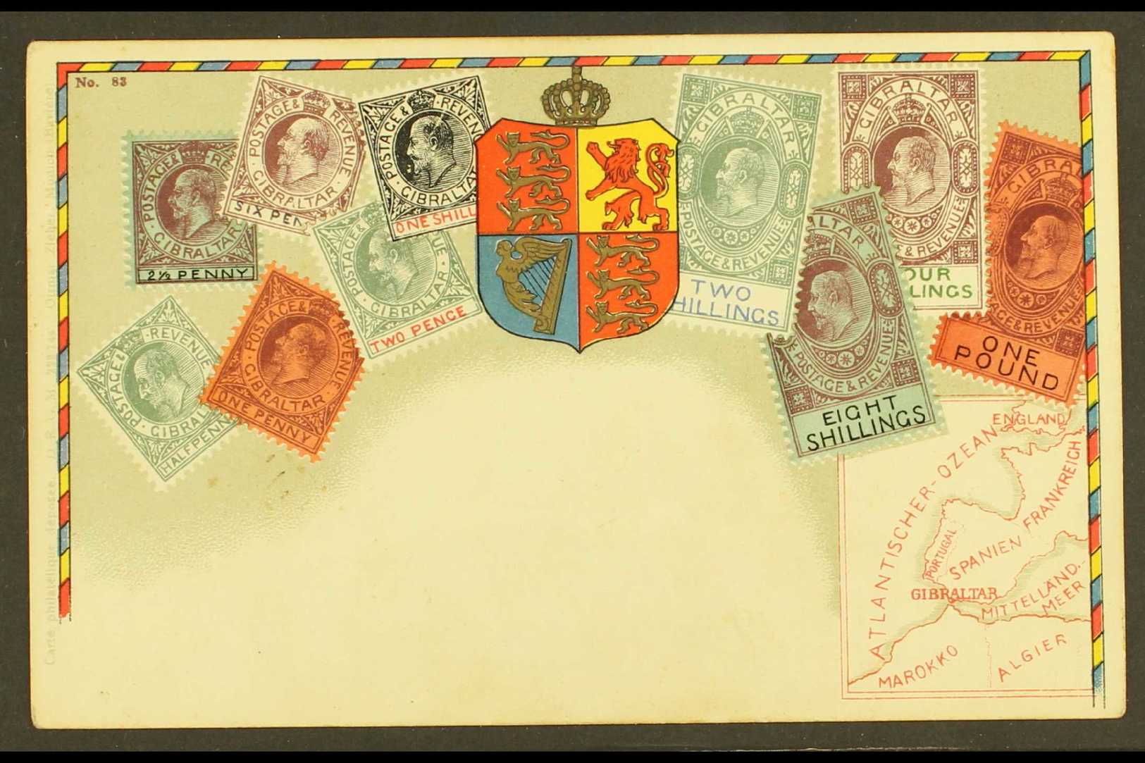 6394 1903 STAMP POSTCARD. A Colourful Unused Picture Post Card Showing Various KEVII Stamps Of Gibraltar With Values To - Gibraltar