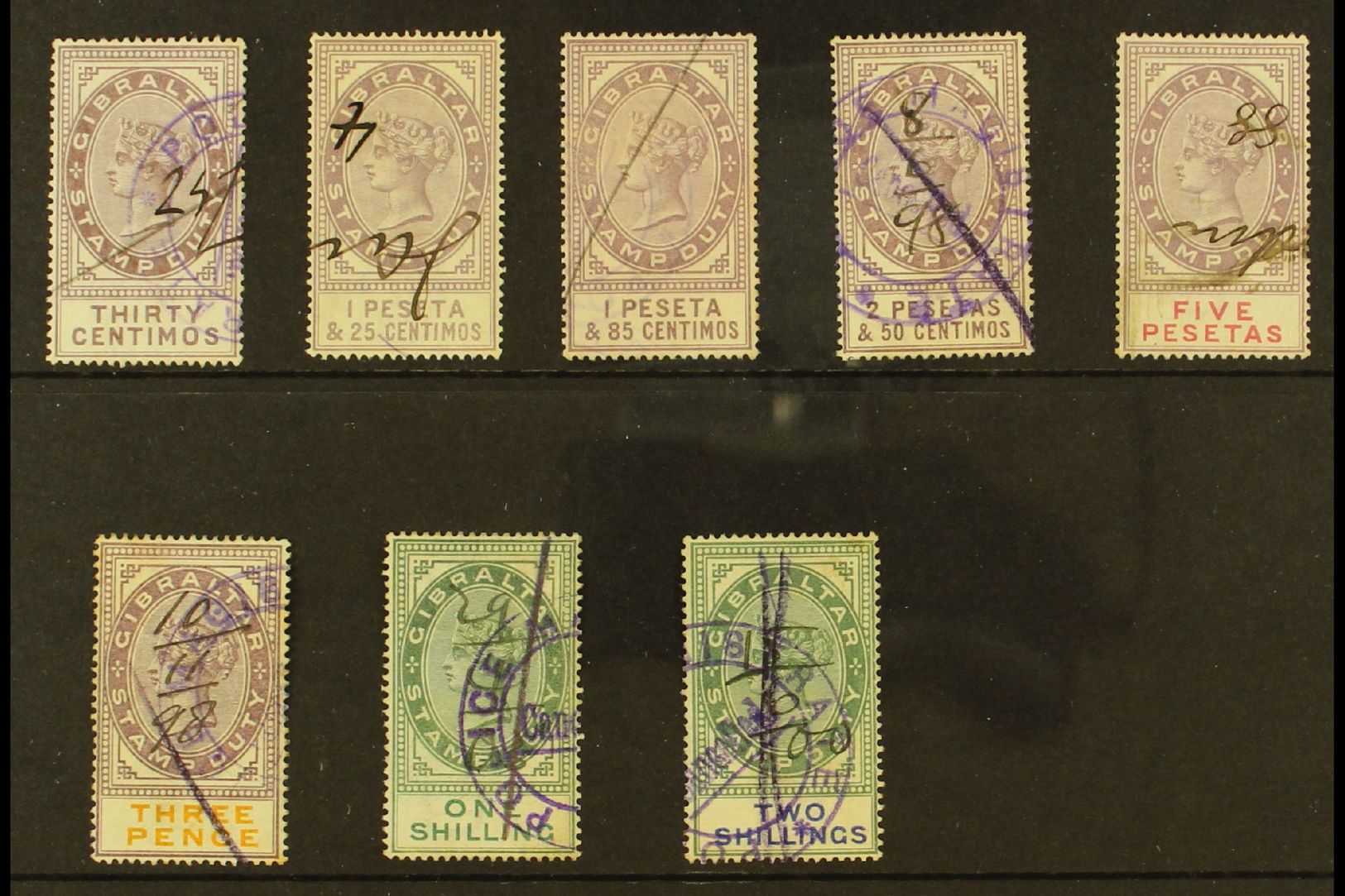 6413 REVENUE STAMPS STAMP DUTY 1894 30c, 1p25, 1p85, 2p50 And 5p (Barefoot 1/2 & 4/6); Plus 1898 3d, 1s And 2s (Barefoot - Gibraltar