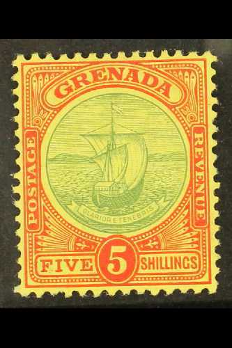 6455 1908-11 5s Green And Red On Yellow Badge SG 88, Fine Mint.  For More Images, Please Visit Http://www.sandafayre.com - Grenada (...-1974)