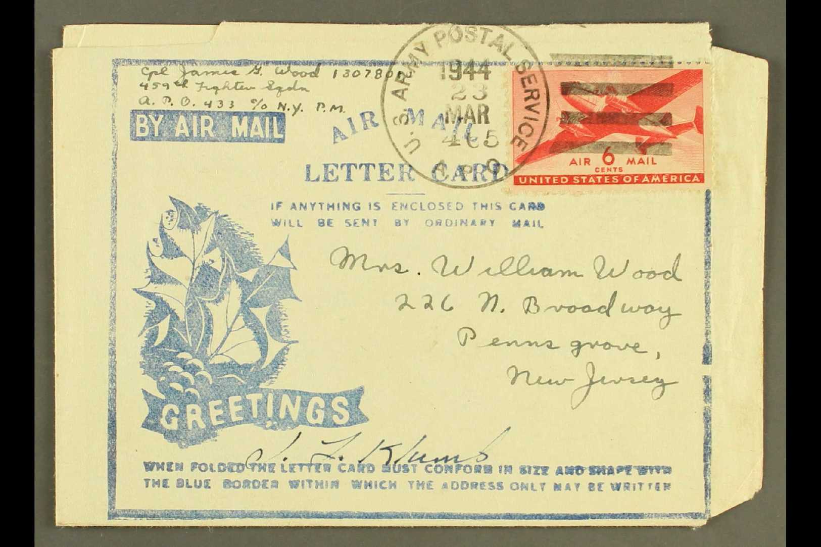 6537 1942 BRITISH MILITARY FORCES CHRISTMAS AEROGRAMME (Kessler 181) Greetings & Laurel, Used March 1944, Bearing USA Ai - Other & Unclassified