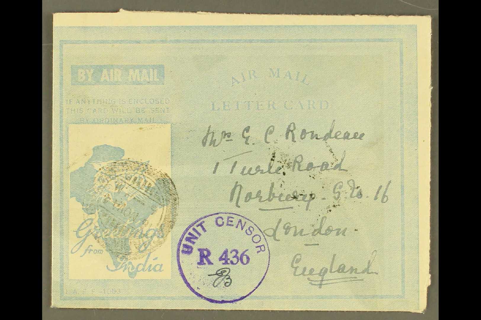 6547 1944 BRITISH MILITARY FORCES CHRISTMAS AEROGRAMME (Kessler 189b) Tiger Head And Map Design In Pale Blue Over White - Other & Unclassified