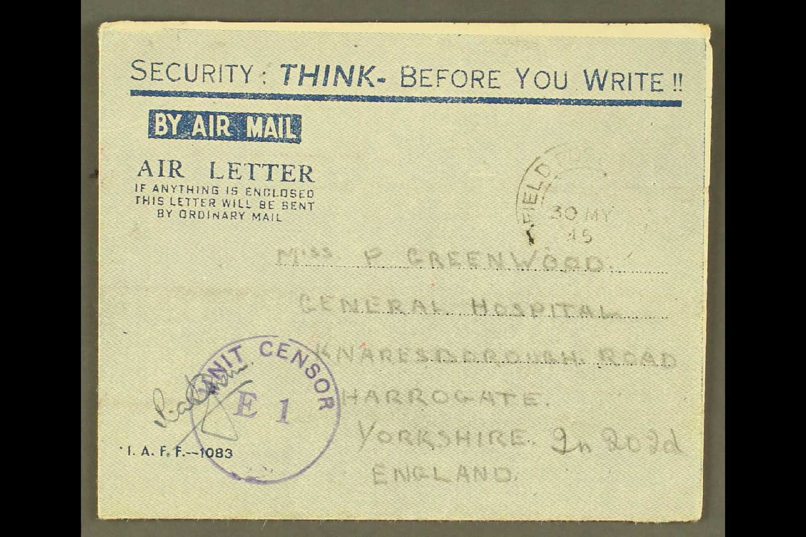 6556 1946 BRITISH MILITARY FORCES AEROGRAMME (Kessler 199, Without Franking Imprint At Upper Right) "Security: Think - B - Other & Unclassified