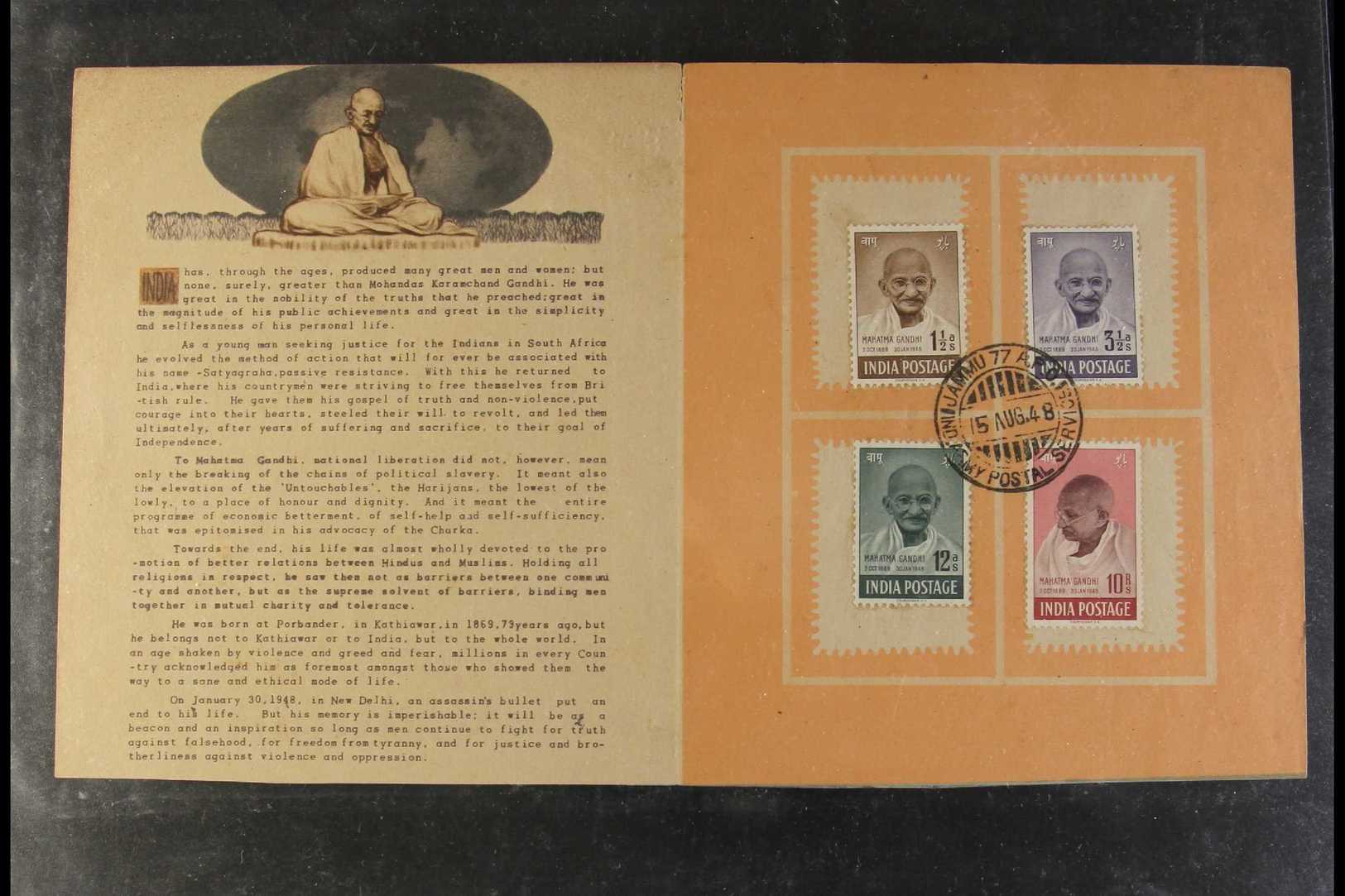 6559 1948 (15 Aug) Gandhi Set Complete (SG 305/8) Tied To Official Special Illustrated Memorial Folder By "Jammu 77 A.P. - Altri & Non Classificati