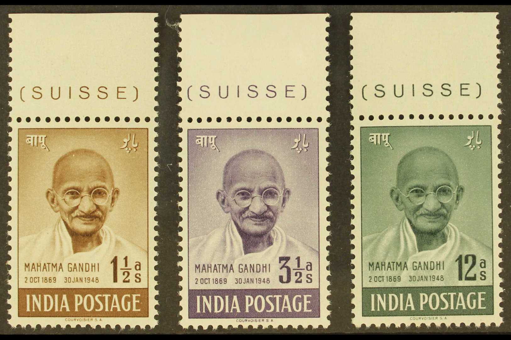 6564 1948 Gandhi Low Values With Part Imprint Margin At Top, SG 305/7, Hinged On Margin, Stamps Never Hinged Mint (3). F - Other & Unclassified