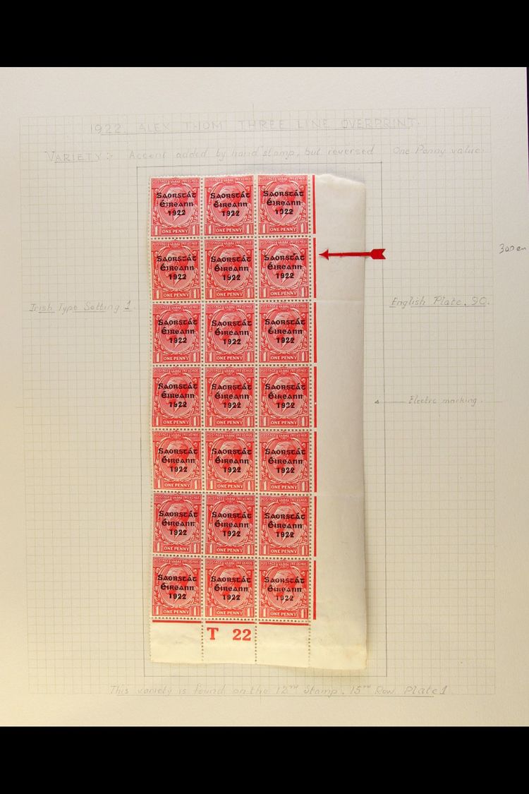 6638 1922-23 SAORSTAT 1d Scarlet, Right Corner Control T22 (perf) Block Of 21, One Showing REVERSED ACCENT INSERTED BY H - Other & Unclassified