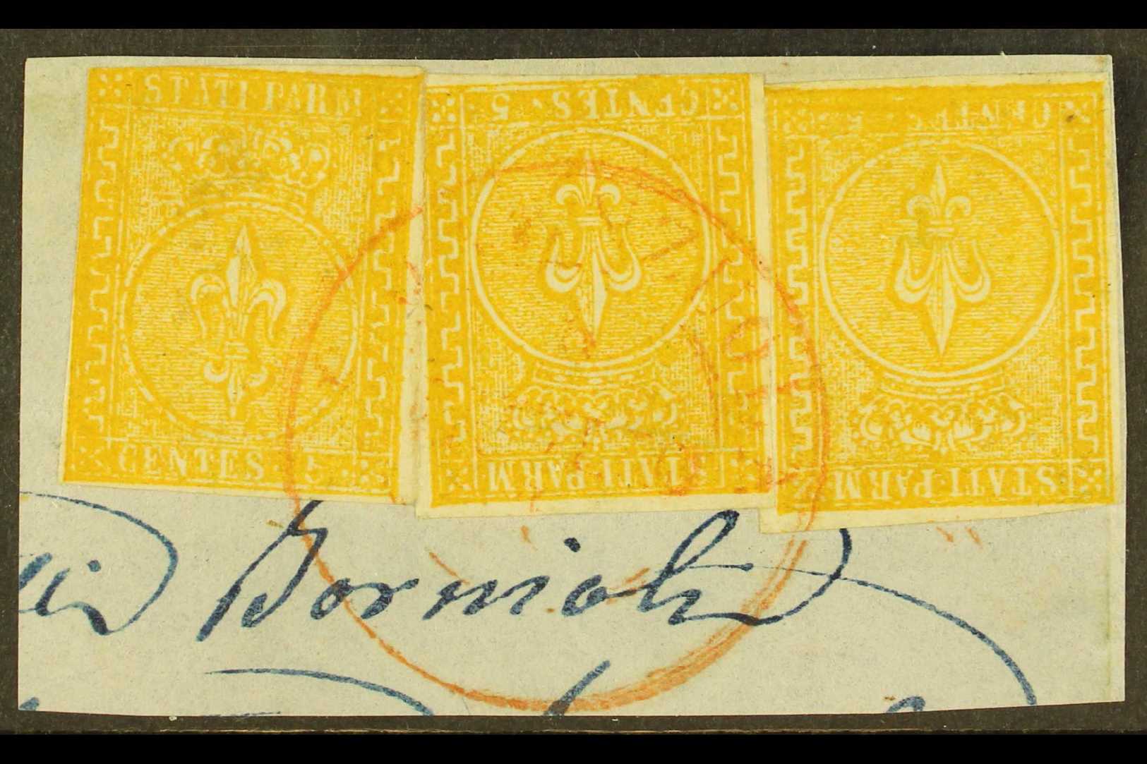 6688 PARMA 1853 5c Orange- Yellow, Sassone 6, THREE EXAMPLES TIED TO PIECE By Single Choice- Quality Red 'Desenzuola' Cd - Unclassified