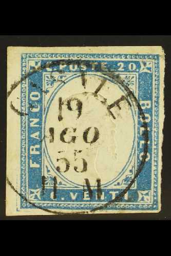 6701 SARDINIA 1855 20c Cobalto-scuro, Sassone 15b, Very Fine Used With Nice Upright Almost Complete Fully Dated "CASALE - Unclassified