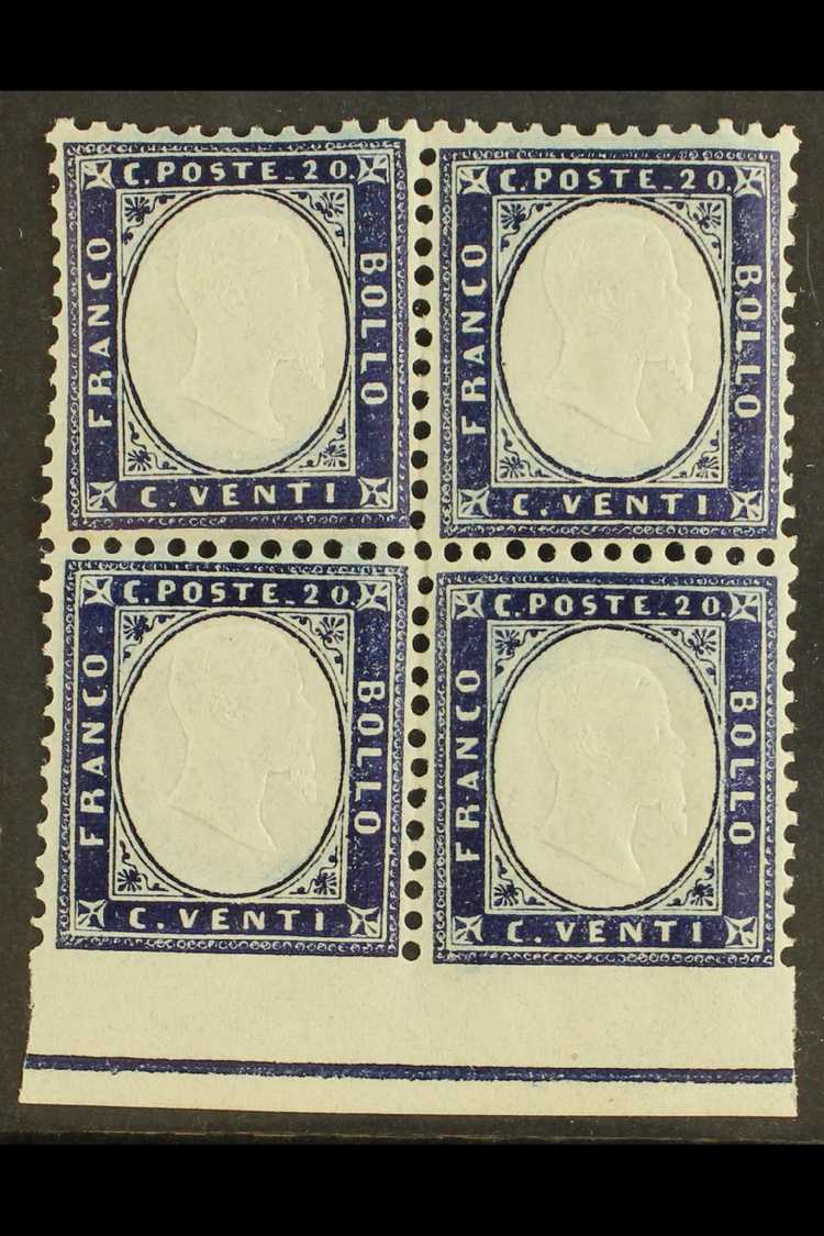 6724 1862 20c Indigo, Block Of 4 Imperf At Foot With Frame Line, Sass 2L, Superb Never Hinged Mint. Cat &euro;400 (£300) - Sin Clasificación