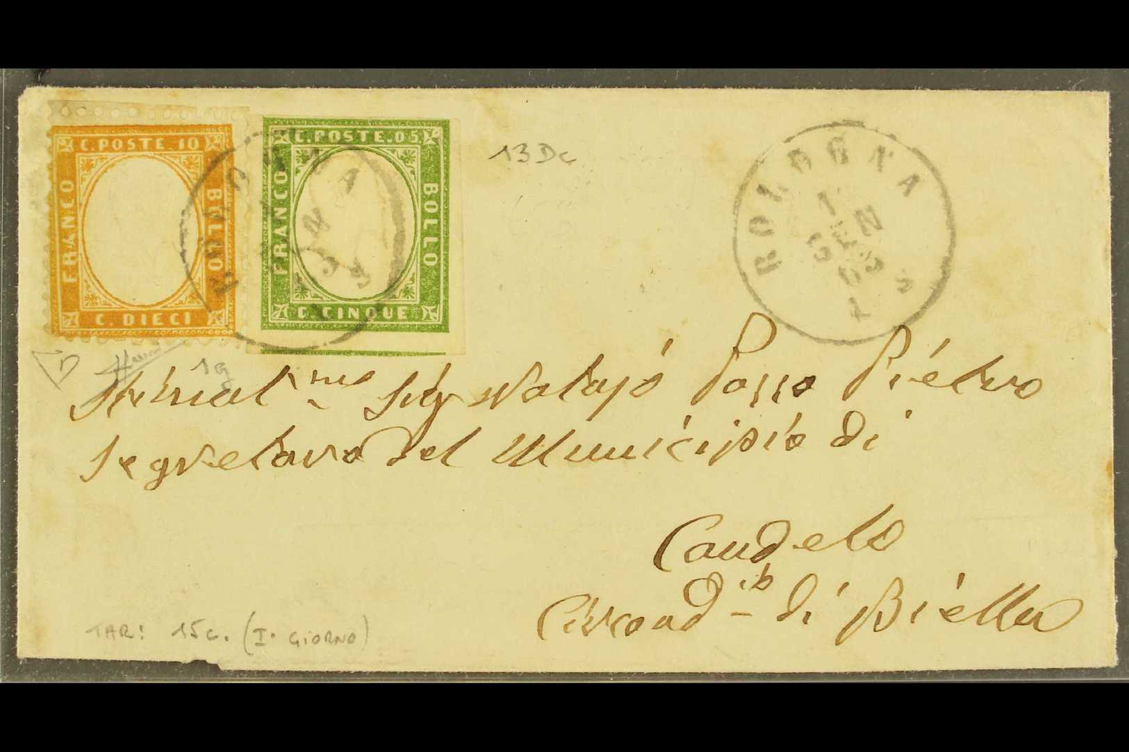 6731 1863 FIRST DAY NEW UNIFIED 15 CENT ITALIAN POSTAL RATE Important Cover From Bologna To Candelo Franked Italy 1852 1 - Unclassified