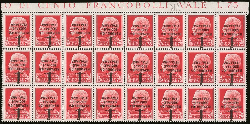 6741 1944 75c Carmine Florence R.S.I. Overprint, Spectacular Block Of 24 From The Top Of The Sheet With INVERTED OVERPRI - Unclassified