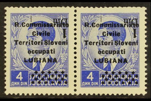 6753 LUBIANA 1941 1d On 4d Bright Blue With INVERTED SURCHARGE Variety, Sassone 40a, Never Hinged Mint Horizontal PAIR, - Unclassified