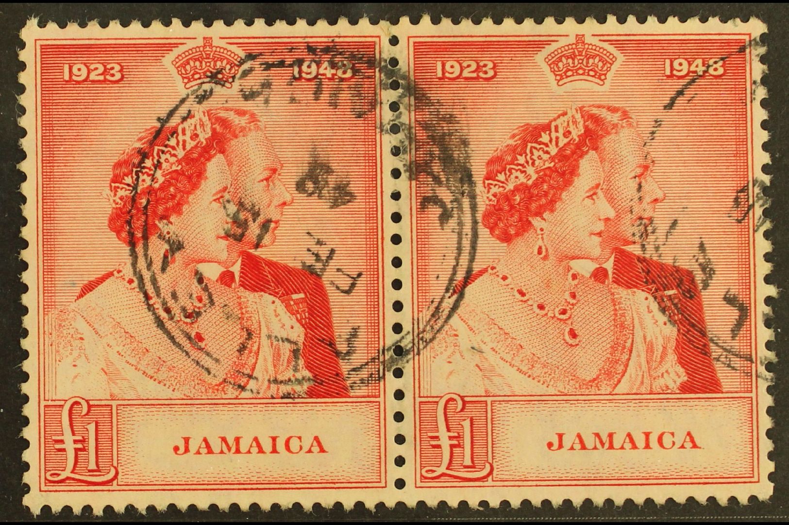 6810 1948 £1 Scarlet "Silver Wedding", SG 144, Fine Used Pair With Complete "Alley" Dated Cds. Attractive (1 Pair) For M - Jamaica (...-1961)