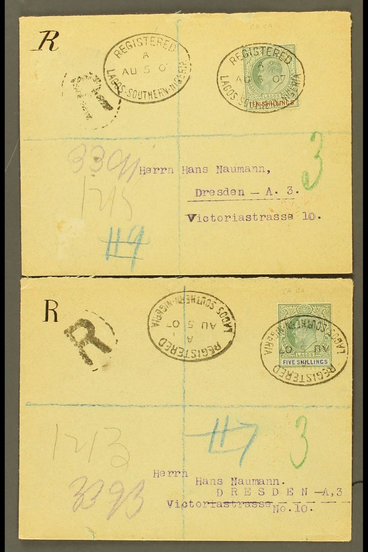 6900 1907 (Aug) An Attractive Pair Of Philatelic Envelopes Registered To Germany, Bearing 1904-06 Ordinary Paper 5s Gree - Nigeria (...-1960)