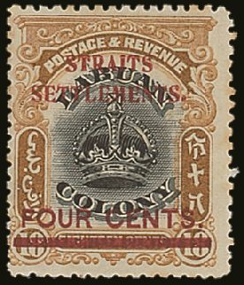 6975 1906-07 4c On 18c Black And Pale Brown Overprinted On Labuan, With "Line Through B" Variety, SG 146d, Mint, Centere - Straits Settlements