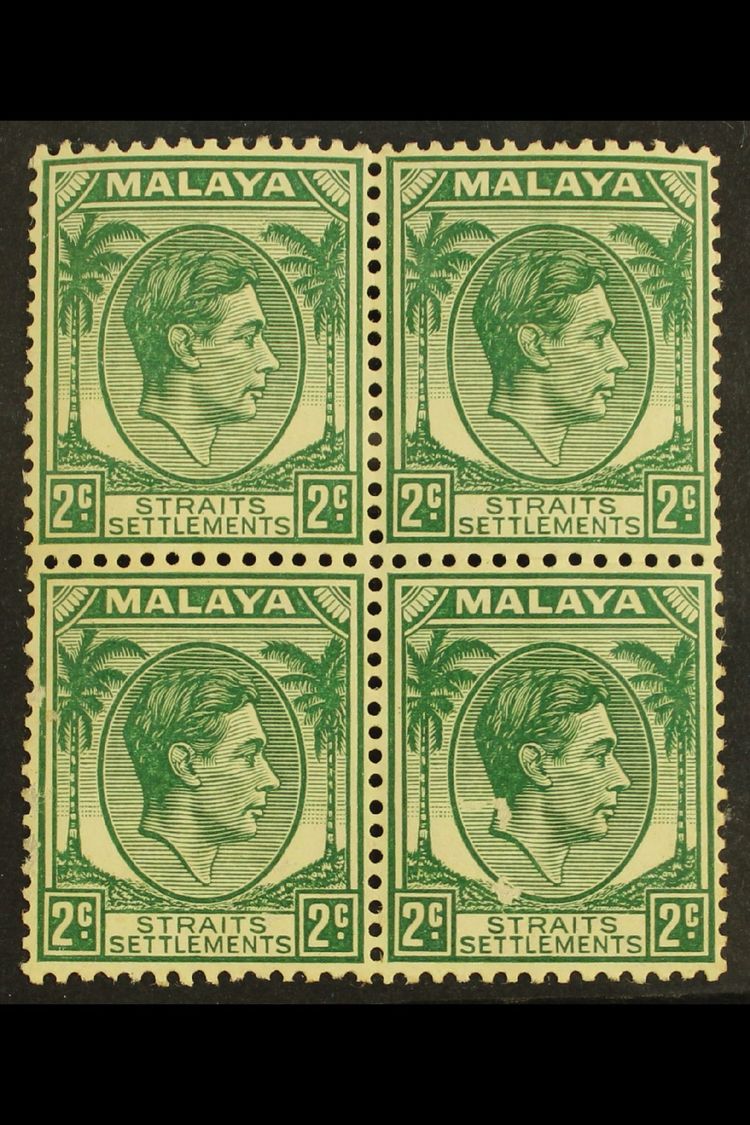 6978 1937-41 2c Green, Die II, SG 293, Mint Block Of Four, Light Gum Toning And Surface Scuffing To Both Bottom Stamps, - Straits Settlements
