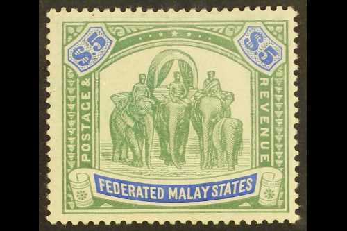 6982 FEDERATED STATES 1904 $5 Green And Blue, Elephants, SG 50, Superb Mint. Lovely Stamp. For More Images, Please Visit - Straits Settlements