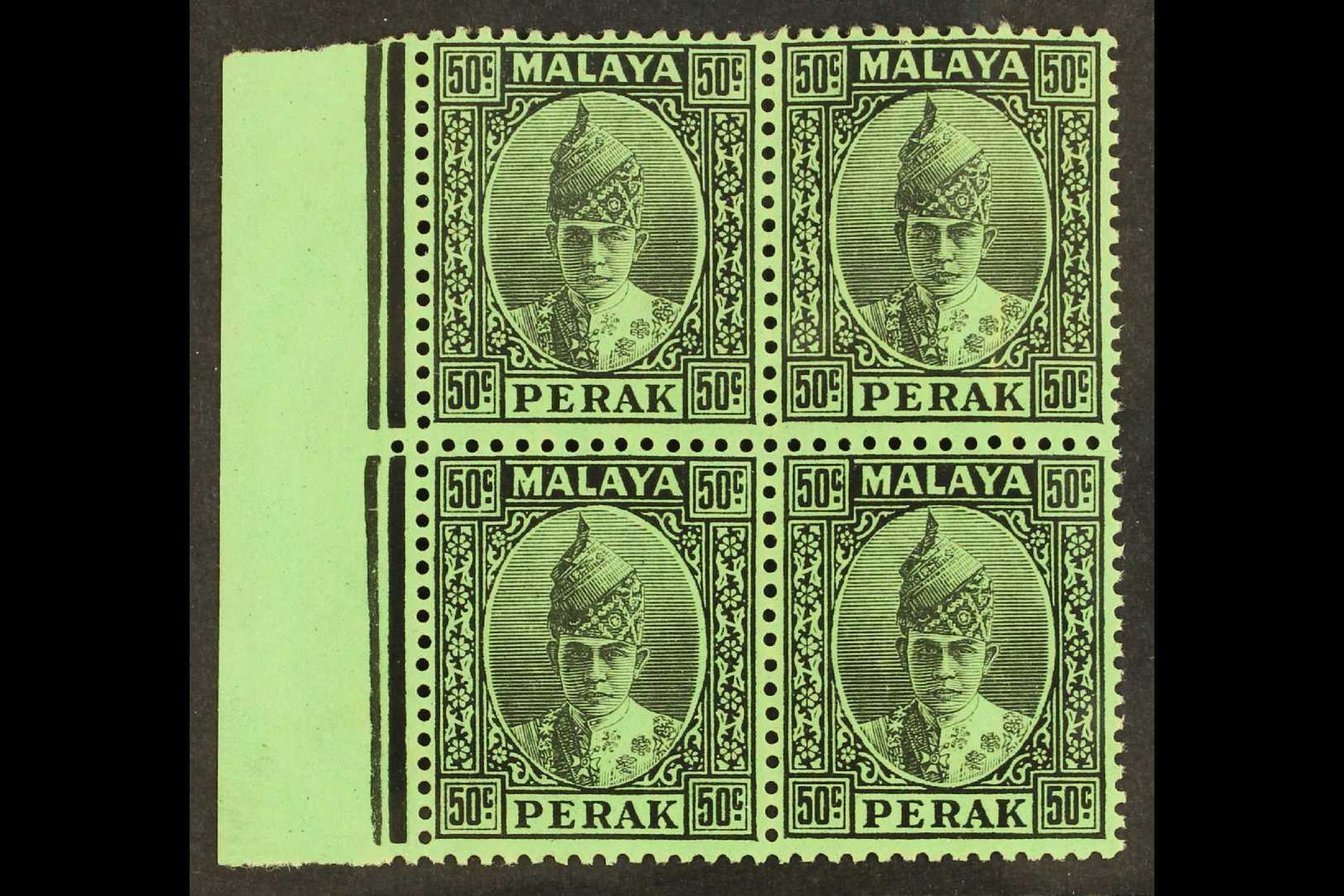 7014 PERAK 1938-41 50c Black/emerald, SG 118, Very Fine Never Hinged Mint Left Marginal BLOCK OF FOUR. For More Images, - Other & Unclassified