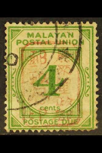 7034 POSTAGE DUES 1942 4c Green With BROWN Single Frame Chop Overprint, SG JD23b, Good Used, Couple Short Perfs. Scarce - Other & Unclassified