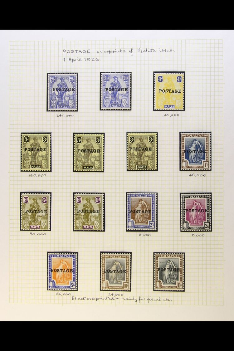 7053 1926 "POSTAGE" OVERPRINTS Includes The Complete Set Of 14 To 10s Fine Mint, SG 143/156, Plus Additional Mint Values - Malta (...-1964)