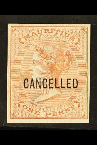 7078 1863 1d Brown (as SG 57) IMPERF PROOF On Thick Unwatermarked And Ungummed Paper, Overprinted "CANCELLED", Very Fine - Mauritius (...-1967)