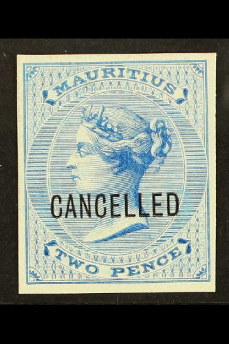 7079 1863 2d Bright Blue (as SG 60) IMPERF PROOF On Thick Unwatermarked And Ungummed Paper, Overprinted "CANCELLED", Ver - Mauritius (...-1967)