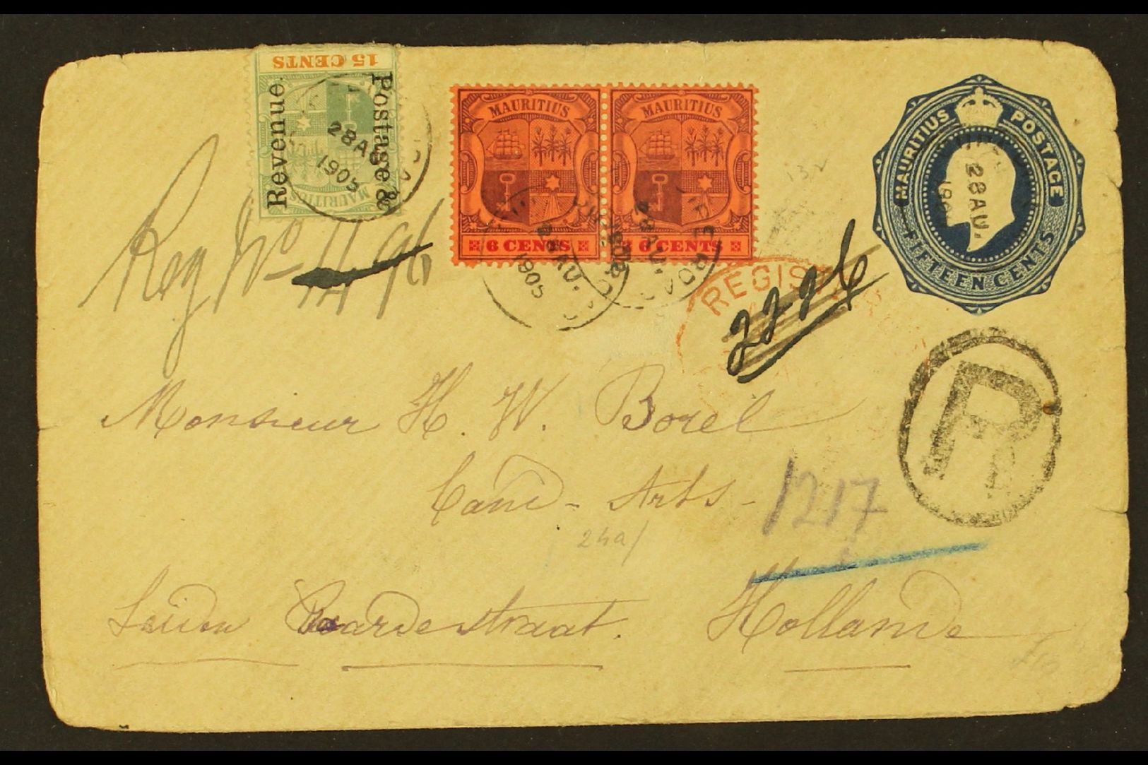 7090 1905 (28 Aug) KEVII 15c Postal Envelope To Holland, Registered And Uprated With 1902 6c Pair Plus 15c, Tied By Cure - Mauritius (...-1967)