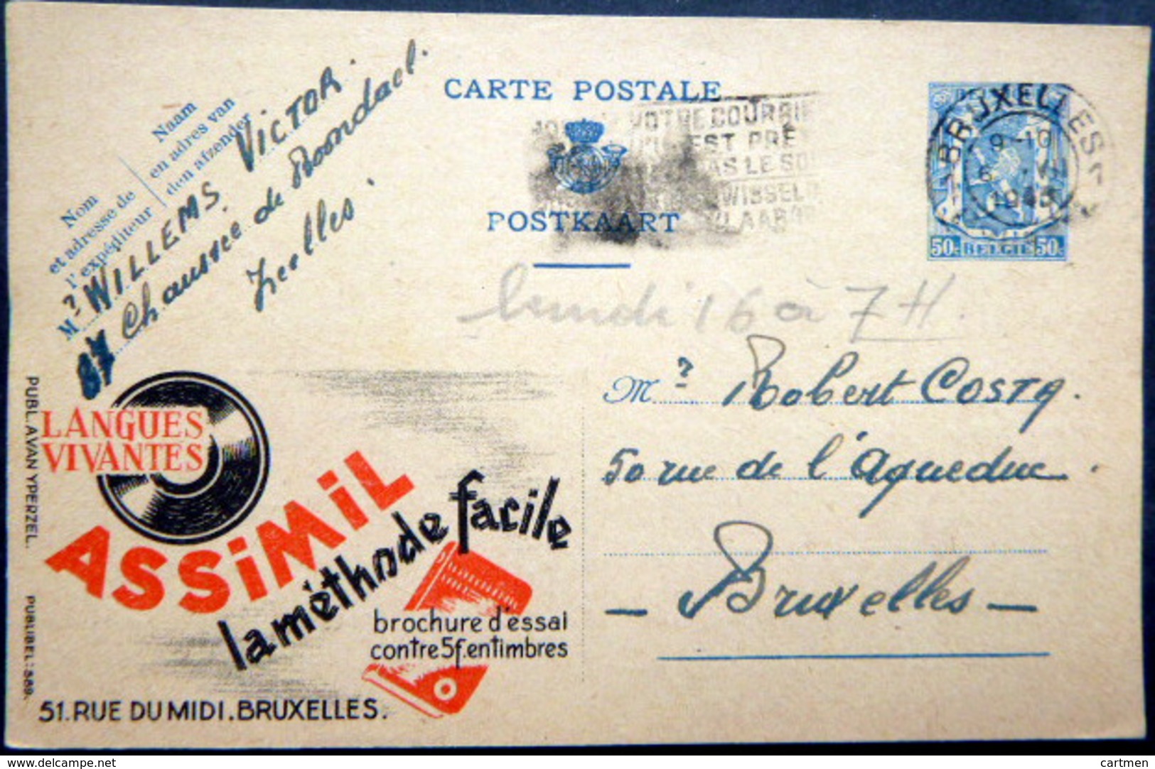 BELGIQUE  CARTE POSTALE PUBLICITAIRE ILLUSTREE  METHODE ASSIMIL PEDAGOGIE   ENTIER POSTAL 1948  CACHETS ET FLAMMES - Collections & Lots