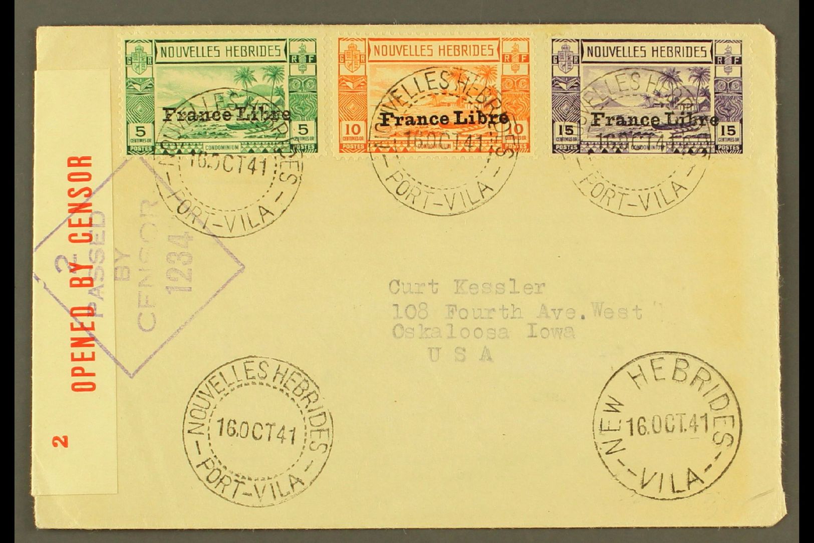 7195 FRENCH 1941 (16 June) Censored Cover (home-made Re-used Envelope) To USA Bearing 1941 5c, 10c & 15c "France Libre" - Other & Unclassified