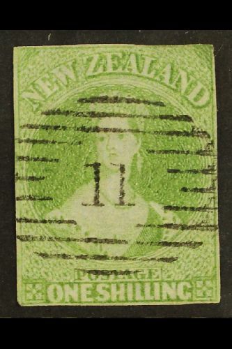 7201 1855-58 1s Green Chalon On Blued Paper, SG 6, Four Clear To Small Margins And Crisp Upright "11" Cancel. Thin Patch - Other & Unclassified