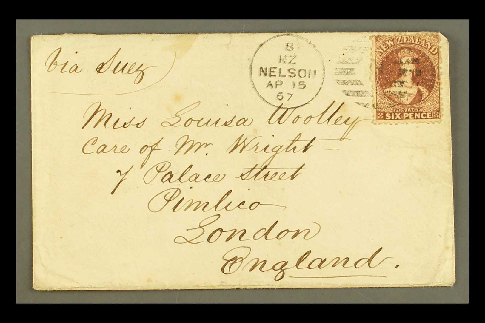 7211 1867 (15 Apr) Env From Nelson To London Bearing 1864-71 6d Red-brown, SG 122, Tied By Fine "NZ / NELSON" Duplex, An - Other & Unclassified